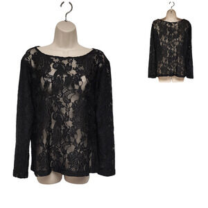 CHICO'S Long Sleeve Scoop-Neck Lace Floral Blouse Black Size 2-Large